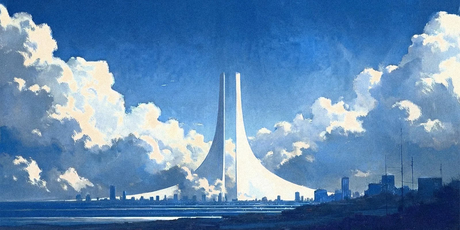 Erebor illustration of a white tower under a blue sky
